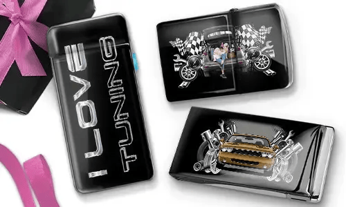 Three glossy car-themed accessories are displayed on a white background. One has 