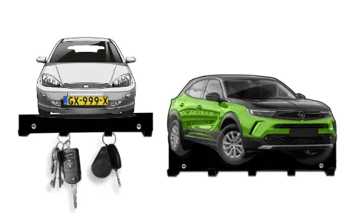 Two car-shaped key holders: red sedan and green-black SUV, both with hooks for hanging keys
