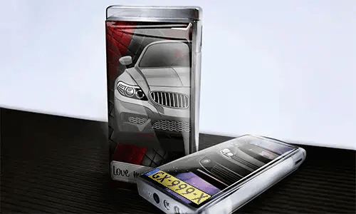 Two smartphone cases with silver BMW design: one upright with red geometric background and 