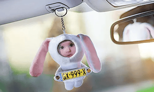 Cuddly toy bunny with photo in the car