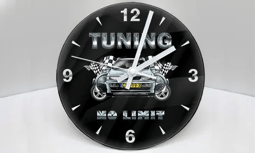 Wall clock with stylized car, checkered flags, and metallic TUNING NO LIMIT text on black background