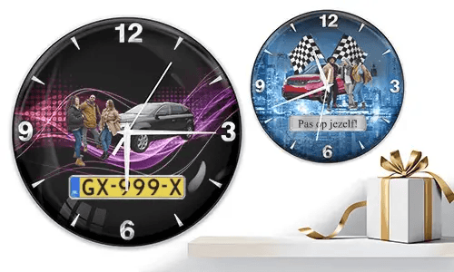 Two wall clocks with group car scenes: left with black car and purple waves, right with red and black cars, racing flags, and blue background
