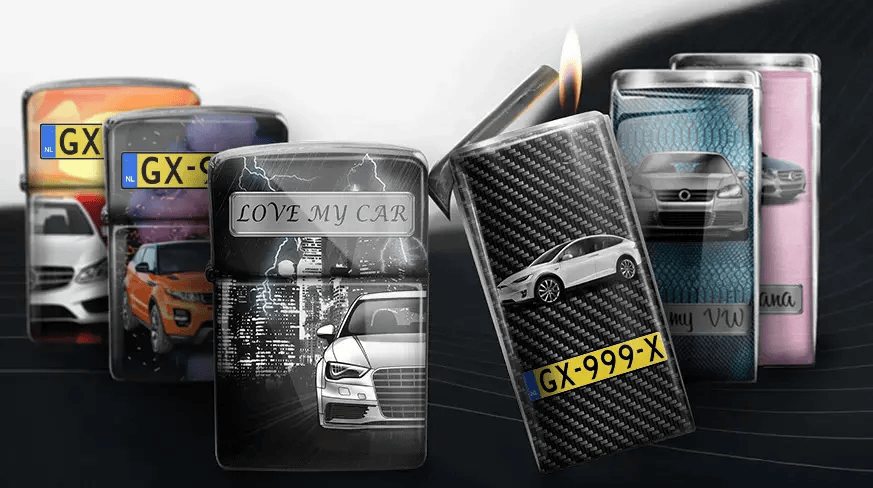 Car-themed lighters with printed designs: white car with flame, lighter with 