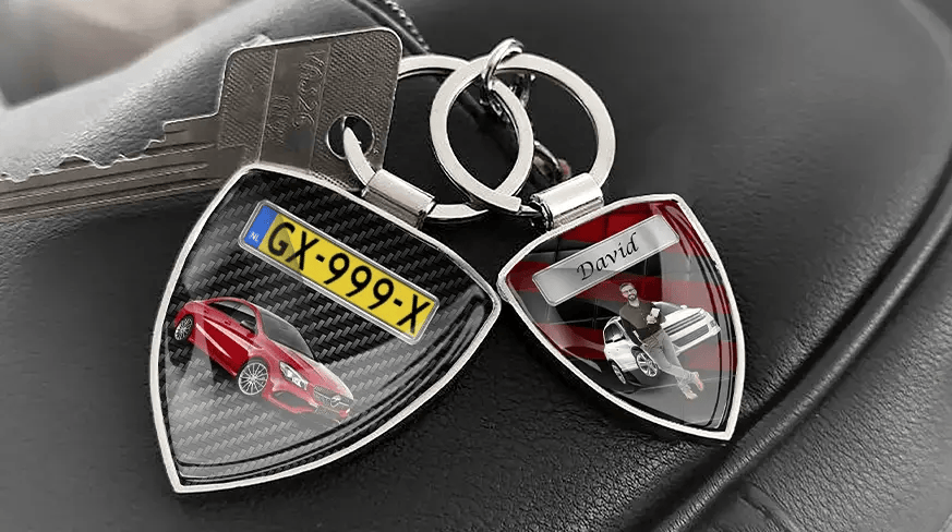 Custom shield photo keychains with personalized car photos