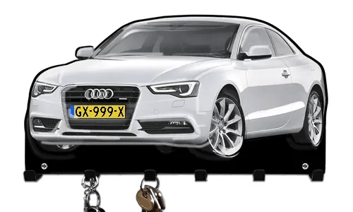 Wall-mounted key holder shaped like a white Audi car with hooks for organizing keys