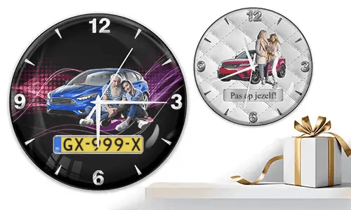 Two wall clocks with couples and cars: left with blue car and purple waves, right with red car on quilted white background